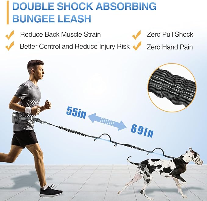 Kytely Hands Free Dog Leash with Zipper Pouch, Wide Padded Waist Dog Running Leash for Medium and Large Dogs, Dual Padded Handles, Retractable Bungee for Walking Jogging Training Hiking