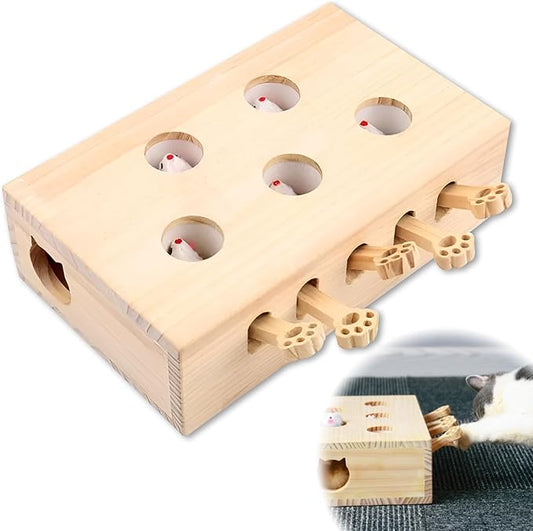 Interactive Wooden Cat Toy, Solid Wood Toys for Indoor Cats Kitten Catch Mice Game, Cat Scratcher and Toy, Cat Interactive Toys, Cat Toy for All Ages Cats
