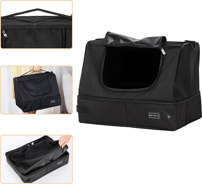 PETSFIT Portable Cat Litter Box - Removable 2-Layer Leak-Proof Lining, Scratch-Resistant Fabric with Sturdy Support Frame, Travel & Collapsible Cat Litter Box Black