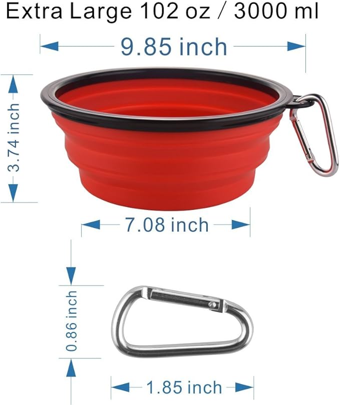 Extra Large Collapsible Dog Bowl, 3L XL Travel Dog Bowl, Foldable Travel Water Dish, 102oz X-Large Portable Collapsable Traveling Bowls with Carabiner for Dogs Walking, Hiking (Red)