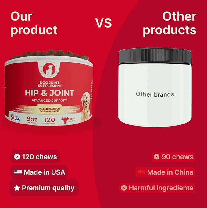 Hip & Joint Supplement for Dogs – Advanced Mobility Support with Glucosamine, Chondroitin, MSM, Turmeric & Green Lipped Mussel – 120 Soft Chews for Large, Medium & Small Dogs – Beef Flavor