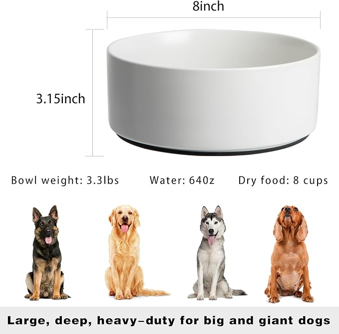 Large Dog Bowls, Non Slip Heavy Ceramic Dog Food and Water Bowl with Silicone Base, 8" Pet Feeding Bowl for Small, Medium, and Big Dogs (White, 8 Inches)