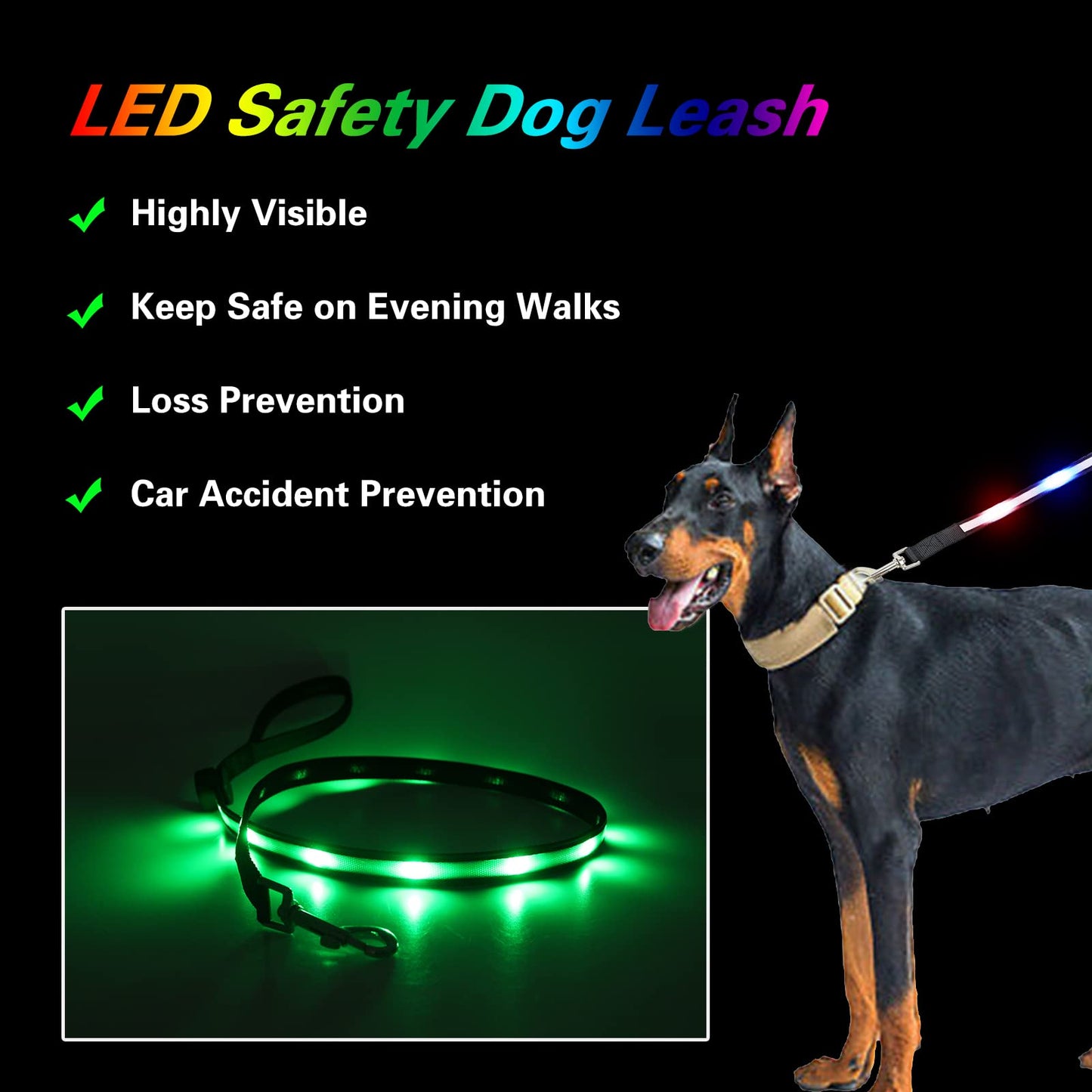 USB Rechargeable LED Dog Leash - 7 Colors & Color Cycling Mode, Light Up Dog Leash for Night Walking, Heavy Duty Padded Handle, 6FT for Small Medium Large Dogs
