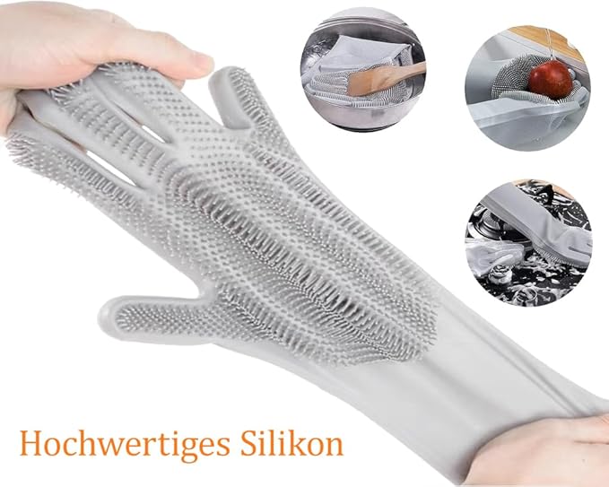 1 pairs Silicone Dishwashing & Pet Grooming Gloves - 2-in-1 Heat Resistant Gloves with High-Density Teeth, Enhanced Five Finger Design for Bathing, Cleaning Dishes, Cars, Dogs & Cats (Gray)