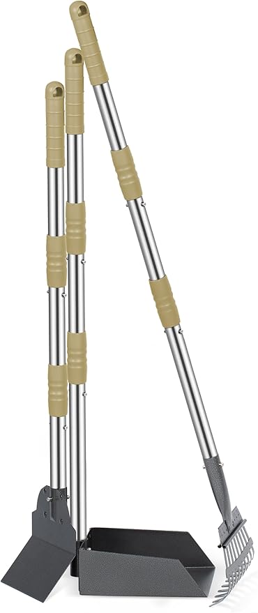 Heeyoo Dog Pooper Scooper, Dog Poop Tray and Rake Set, Pet Waste Removal Scoop with Long Adjustable Sectional Stainless Handles