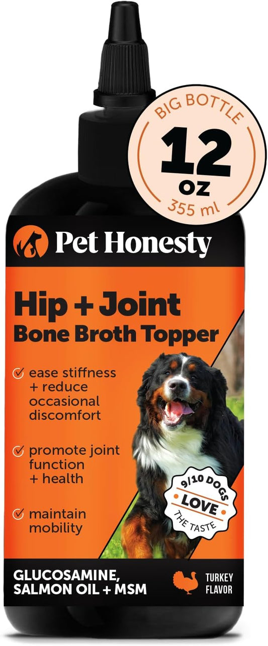 Dog Joint Supplement with Salmon Oil for Dogs - Ease Stiffness, Reduce Discomfort & Support Joint Mobility Liquid Supplement, Dog Food Topper Bone Broth with Glucosamine for Dogs (12 oz)