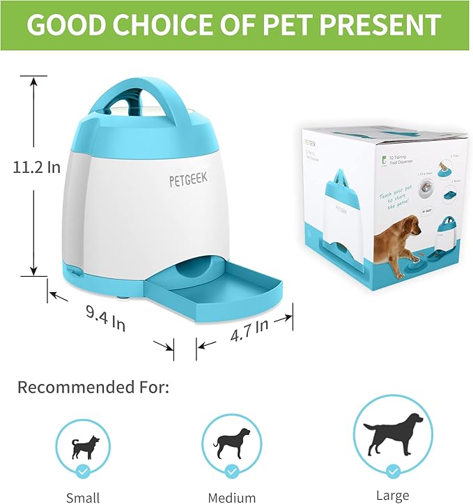 PETGEEK Automatic Dog Feeder/Treat Dispenser with Rechargeable Button Remote Control, Interactive Dog Food Puzzle & Stimulation Toys, 400ml Capacity Pet Dispensing Toy for Indoor/Outdoor Play