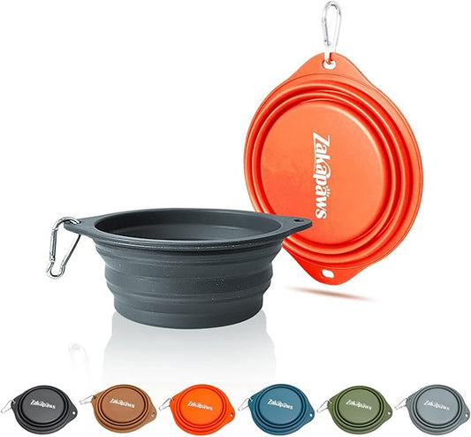 Silicone Dog Travel Bowl, 2 Pack Collapsible Pet Bowl, Foldable No Plastic Rim Pet Feeding Bowls, No Spill Water Cup for Pet