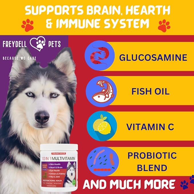 Freydell Pets Multivitamin Dog Supplement: Glucosamine Chondroitin, Probiotics, Omega Fish Oil, Skin and Coat Allergy Vitamins - Dog Supplements & Vitamins