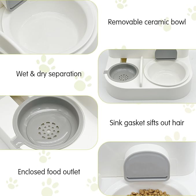 Fhiny Gravity Cat Feeder and Water Dispenser, 2 in 1 Gravity Feeder Cat Dry Food & Waterer Removable Ceramic Bowl Pet Food Storage Self Feeding Station for Indoor Cat Kitten Puppy Easy Clean (Grey)