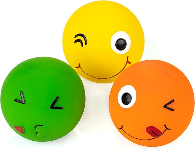 CHIWAVA 3 Pack 2.7'' Latex Squeaky Dog Toy Ball Smiley Face Round Balls Interactive Fetch Play for Medium Dogs