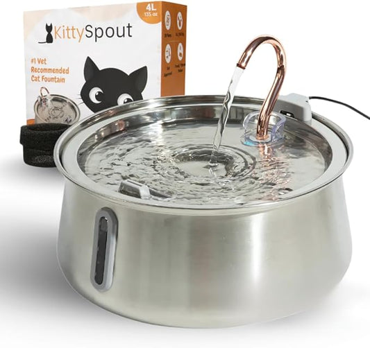 2.0 Large Capacity Stainless Steel Cat Water Fountain – 4L/135oz Indoor Automatic Pet Water Fountain for Cats, Ultra-Quiet Pump, Water Level Indicator, Multi Cat Metal Water Dispenser Bowl