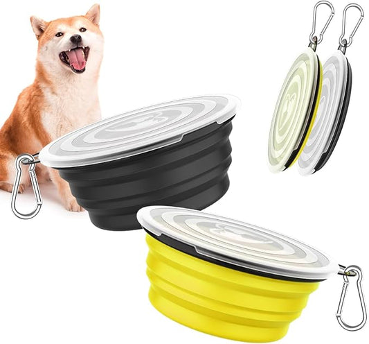 Pawaboo Collapsible Dog Bowls 2 Pack, Silicone Feeding Watering Bowls with Lids & Carabiners for Dogs Cats, Portable Water Feeder Food Bowl for Walking Traveling Home Use, 1000ml, Yellow + Black