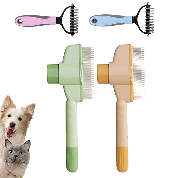Brush For Cats 2pcs Pet Cats Dogs Brush Comb Flea Comb, With Long & Short Stainless Steel Metal Teeth Cat Combs for Indoor,for Shedding And Tangles, Self-Cleaning Pet Comb Comfort And Safety (5)