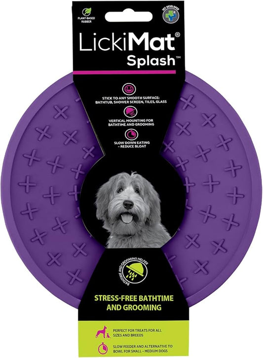 LickiMat Splash, Dog Slow Feeder Bowl Lick Mat, Boredom Anxiety Reducer, Sticks to Smooth Surface; Perfect for Food, Treats, Yogurt, or Peanut Butter. Fun Alternative to a Slow Feed Dog Bowl, Purple