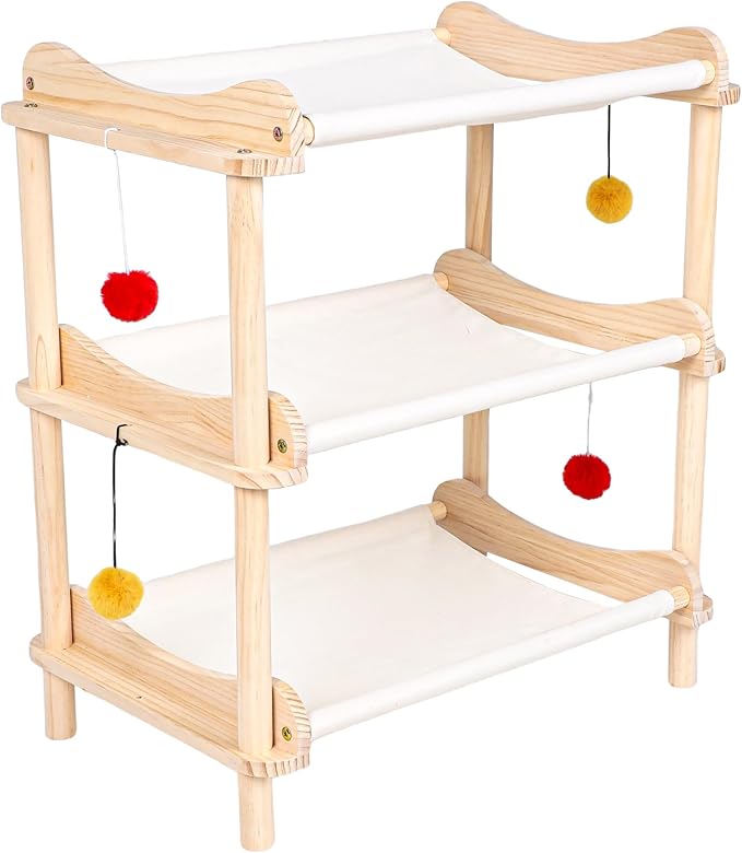 Large 3-Layer Cat Hammock Bed, 24"x15.7"x26.8" Elevated Cat Bed with Pine Wood Frame, Breathable Washable Covers, Wooden Pet Furniture for Indoor Cats and Small Animals(White, 3-Tier)