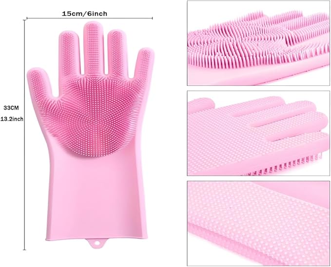 2 pairs Silicone Dishwashing & Pet Grooming Gloves - 2-in-1 Heat Resistant Gloves with High-Density Teeth, Enhanced Five Finger Design for Bathing, Cleaning Dishes, Cars, Dogs & Cats (Pink)