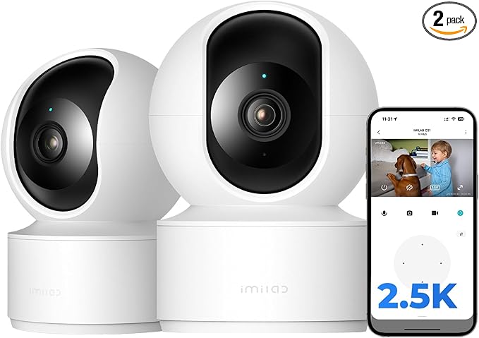 IMILAB C21 2 Pack 2.5K Security Camera Indoor, Room Camera for Bedroom 360° View, Pet Cam w/Phone App & Speaker, Indoor Cam for Dog/Kid/Baby/Elderly, Plug-in, 2.4GHz WiFi, Local/Cloud Storage