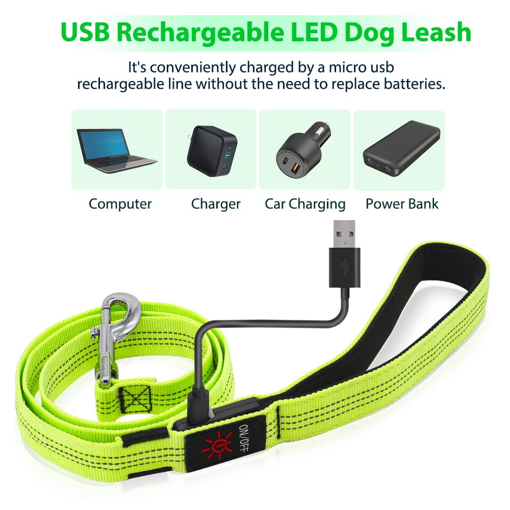Candofly Light Up Dog Leash, Reachargeable Pet Leash with Light, 4 Ft Glowing Dog Rope Lead for Night Walking (Green)