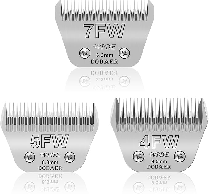 Size 7FW/5FW/4FW Detachable Dog,Cat,Sheep & Horse Grooming Wide Blades Set,Compatible with Andis,Oster A5,Wahl KM10 Series Clippers,Cut Length 1/8"(3.2mm) to 3/8”(9.5mm),3 Pack