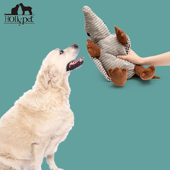 Hollypet Plush Dog Squeaky Toy Stuffed Armadillo Animal Pet Puppy Chew Toys with Clean Teeth for Small Medium Large All Breed Sizes Dogs, Gray Large, 8 in