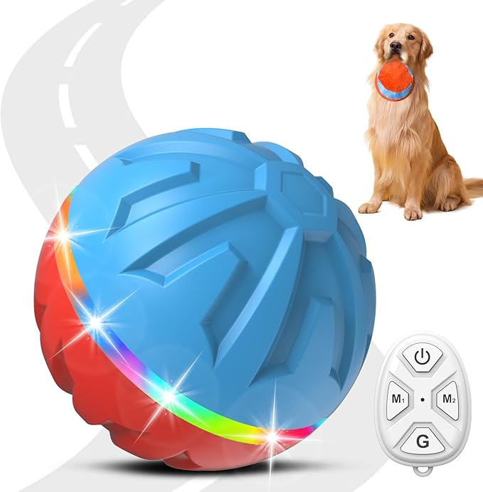 Dog Toys Dog Ball, Durable Motion Active Rolling Balls with Remote Control LED Light, Rubber Peppy Pet Balls for Medium Large Dogs, USB Rechargeable, 3.2-in Diameter (RedBlue)