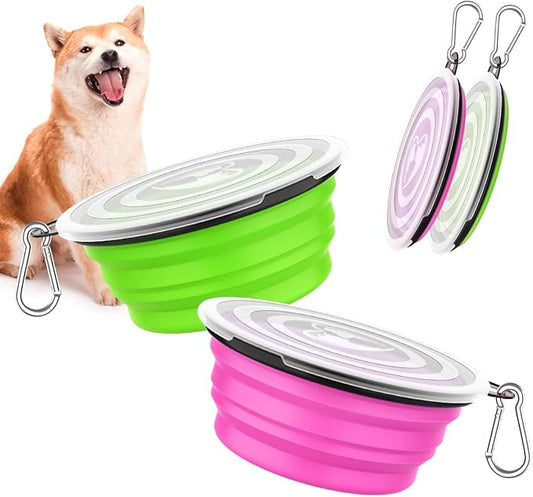 Pawaboo Collapsible Dog Bowls 2 Pack, Silicone Feeding Watering Bowls with Lids & Carabiners for Dogs Cats, Portable Water Feeder Food Bowl for Walking Traveling Home Use, Pink + Green