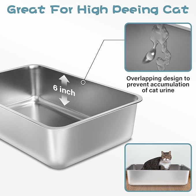 Stainless Steel Litter Box 2 Pack,Medium Metal Litter Box for Kitty/Cat/Rabbits, Easy to Clean, Non Stick Litterbox No Smell for Adult Cats