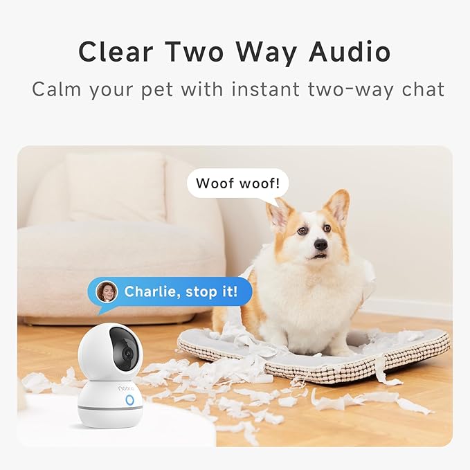 Noorio 2K Security Camera Indoor, Pan/Tilt Pet Camera with Speaker, One Touch Call Baby Monitor Dog Cam, Plug-in 24/7 SD&Cloud Storage, Color Night Vision, 2.4G WiFi, CS201, 2Pcs