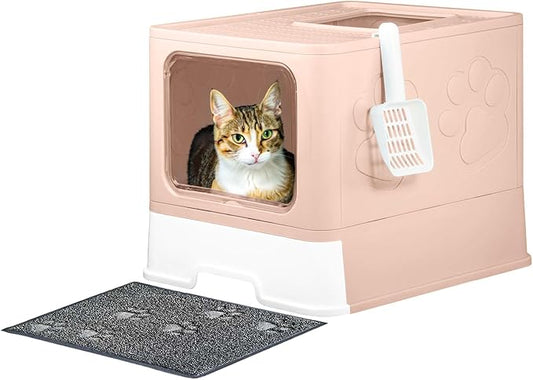 Upgrade Portable Litter Box, Top Entry Cat Box with Lid, No Leakage Kitty Box with Scoop and Mat, Easy Cleaning Cat Box Enclosure (Pink)