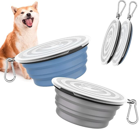 Pawaboo Collapsible Dog Bowls 2 Pack, Silicone Feeding Watering Bowls with Lids & Carabiners for Dogs Cats, Portable Water Feeder Food Bowl for Walking Traveling Home Use, Blue + Grey