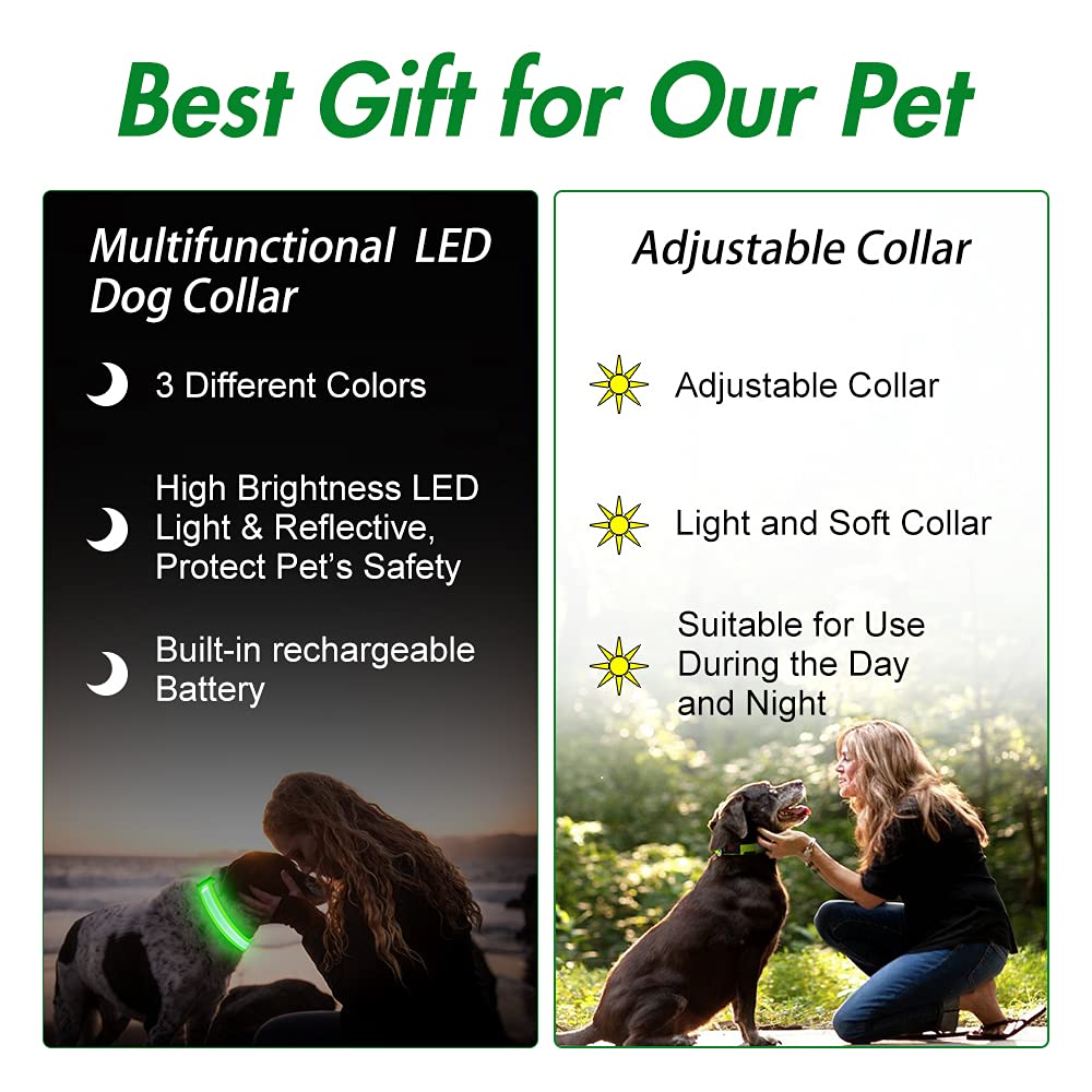 YFbrite Ultra Light Adjustable LED Dog Collar, Light up Dog Collars Rechargeable Glowing in The Dark Collars Visiblity & Safety for Small, Medium, Large Dogs (Green, Medium)