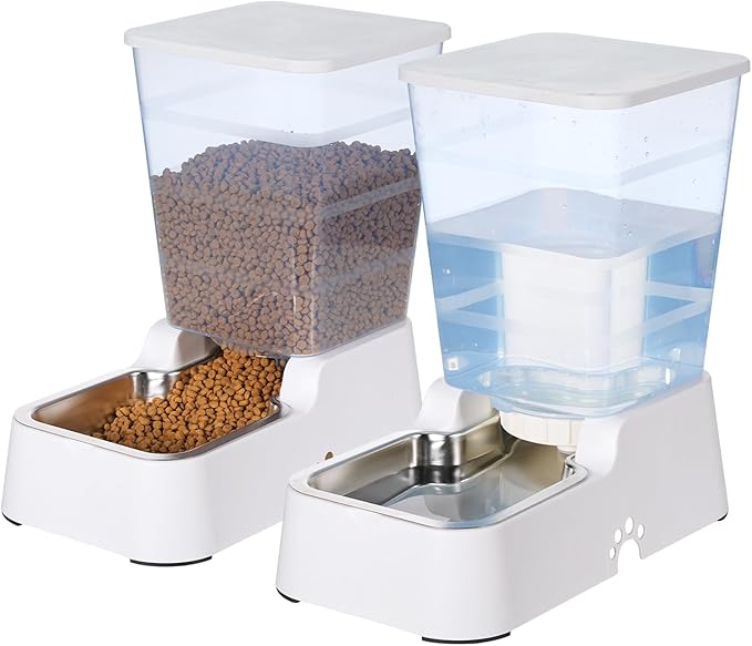 Automatic 5.4L/1.4Gal Pet Waterer, Automatic Dog Water Dispenser Gravity Stainless Steel Water Feeder, Large Capacity Feeding Bowls for Cats and Medium & Large-Sized Dogs (White, Food+Water)