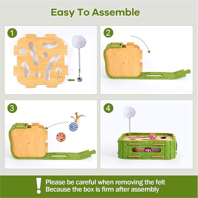 5-in-1 Cat Toys Interactive Wooden Cat Puzzle Toy Intelligence Treat Puzzle Feeder Box Game Enrichment Accessories with Jingle Balls, Wands, and Spiral Springs for Indoor Kitten Adult Cat