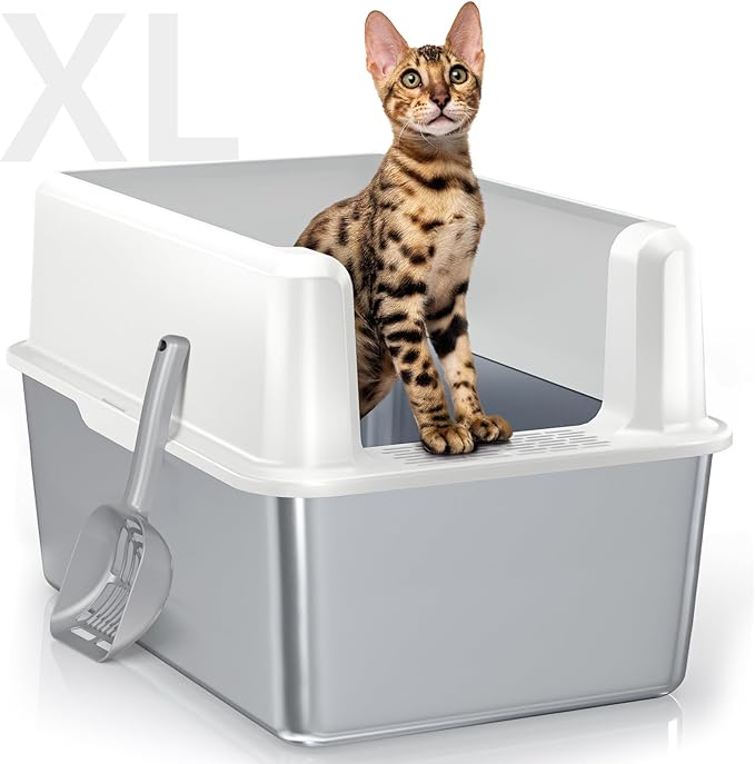 Stainless Steel Litter Box with Lid, 14” XL Stainless Steel Cat Litter Box Enclosure, Extra Large Metal Cat Box, Non-Sticky, Anti Leakage, Easy Cleaning Litter Pan, Include Scoop