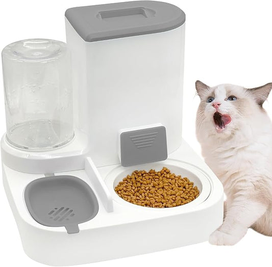 Fhiny Gravity Cat Feeder and Water Dispenser, 2 in 1 Automatic Pet Waterer Detachable Ceramic Food Bowls Set Pet Food Storage for Small Dog Puppy Cat Kitten Pet Easy Clean (Grey)