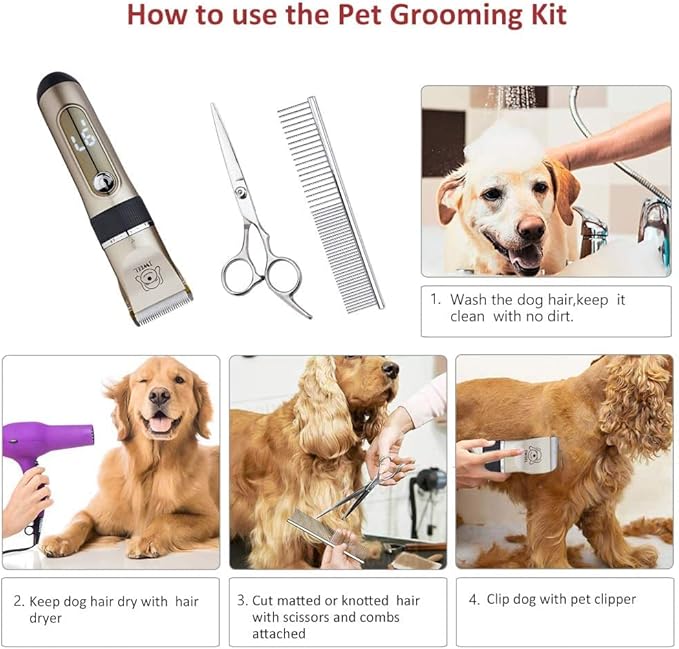 Dog Clippers, 2-Speed Professional Rechargeable Cordless Cat Shaver and Low Noise Water Proof Electric Dog Trimmer Pet Grooming Kit Animal Hair Clippers Tool with Scissors Combs