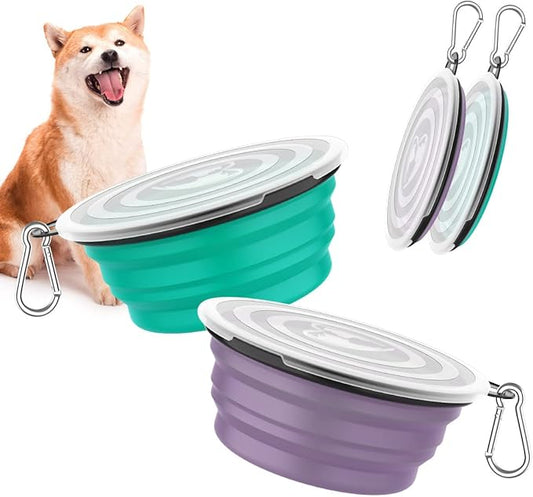 Pawaboo Collapsible Dog Bowls 2 Pack, Silicone Feeding Watering Bowls with Lids & Carabiners for Dogs Cats, Portable Water Feeder Food Bowl for Walking Traveling Home Use, 1000ml, Violet+Turquoise