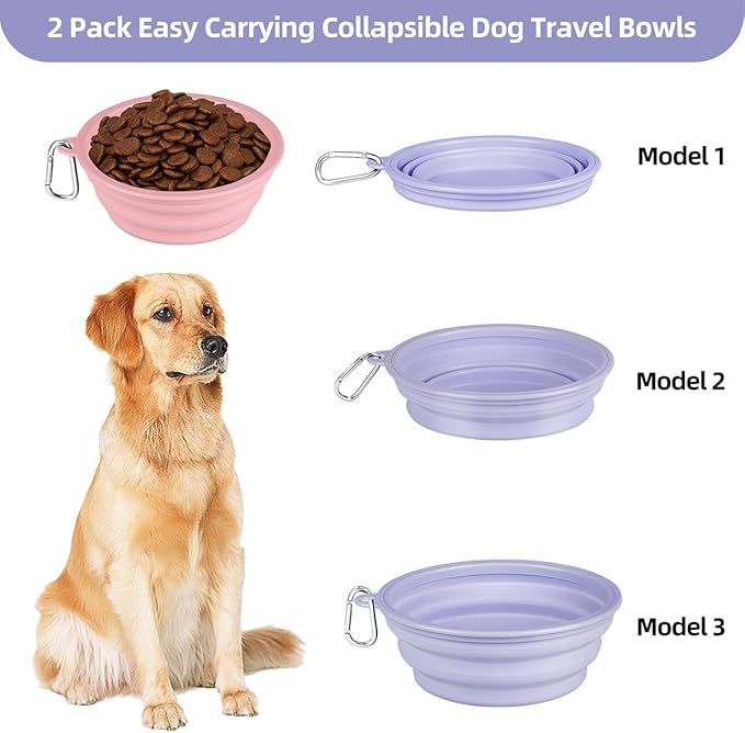 Kytely Collapsible Dog Bowls 2 Pack - X-Large 1500ml Portable Pet Food & Water Bowl for Travel, Hiking, Walking - Foldable Feeding Dish with Carabiner Clip - Lavender & Pink (Dogs/Cats)