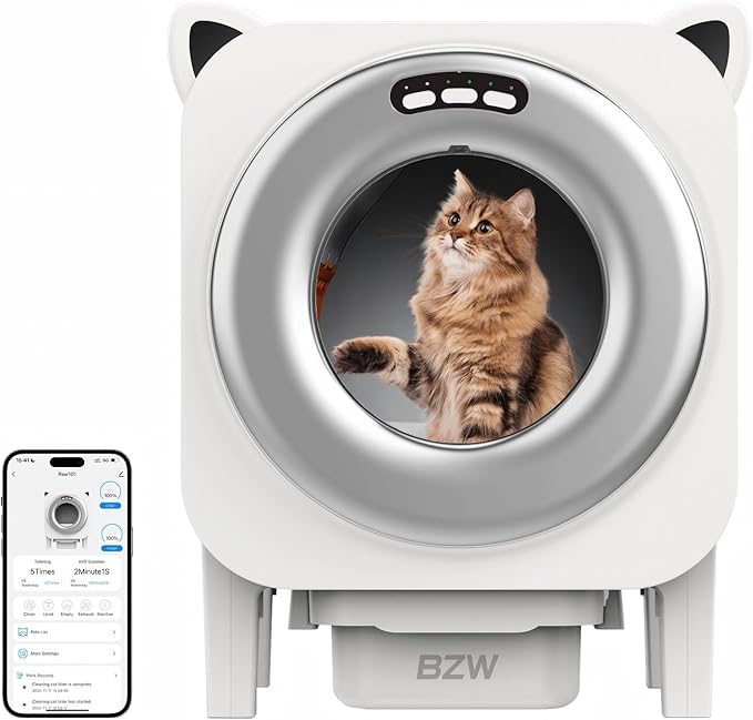BZW Self Cleaning Litter Box Automatic - Extra Large Self-Cleaning for Multiple Cats - APP-Controlled with Smart Sensors - Odor-Free - Safety Protection - Low Noise, 1 Roll Garbage Bags, Silver
