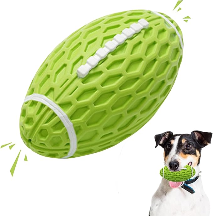 Squeaky Dog Football Toy, Rubber Dog Ball Toy for Aggressive Chewers, Tough Fetch Ball, Durable and Interactive for Medium Large Dogs, Green, Large