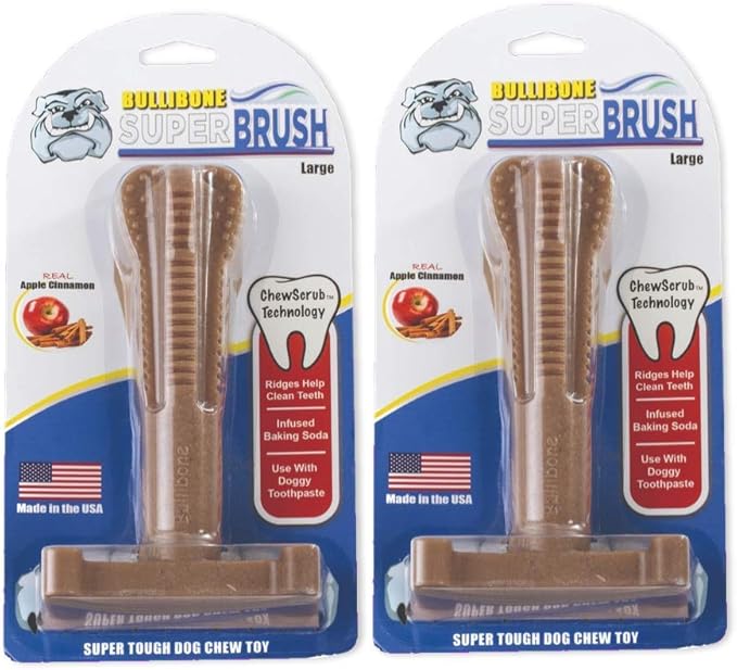 Bullibone SuperBrush: Dog Teeth Cleaning Brushing Toothbrush Stick - Long Lasting Nylon Apple Cinnamon Chew Toy for Oral Care and Dental Health