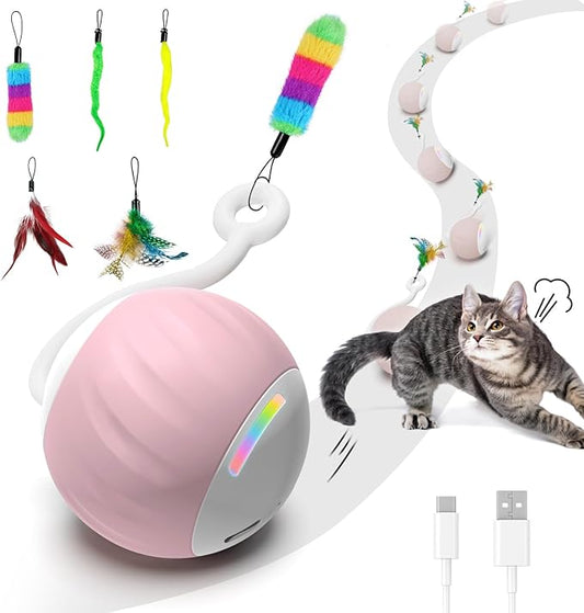 Cat Toys Interactive for Indoor Cats, Touch & Sound Smart Control - Fast slow 2 Speed Motion Activated Cat Ball Toy for Bored Cats With LED Lights, Feathers Tail, USB Charging Cable, 6in1 - Pink