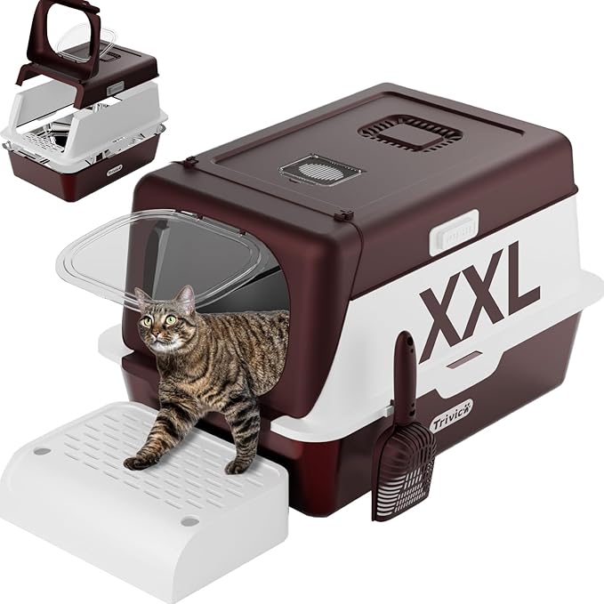 XX-Large Stainless Steel Cat Litter Box with Lid – Fully Enclosed Large Litter Box for Big Cats, Odor Control with Magnetic Door, Easy Clean, Multi-Cat Durable Metal Pan (Burgundy)