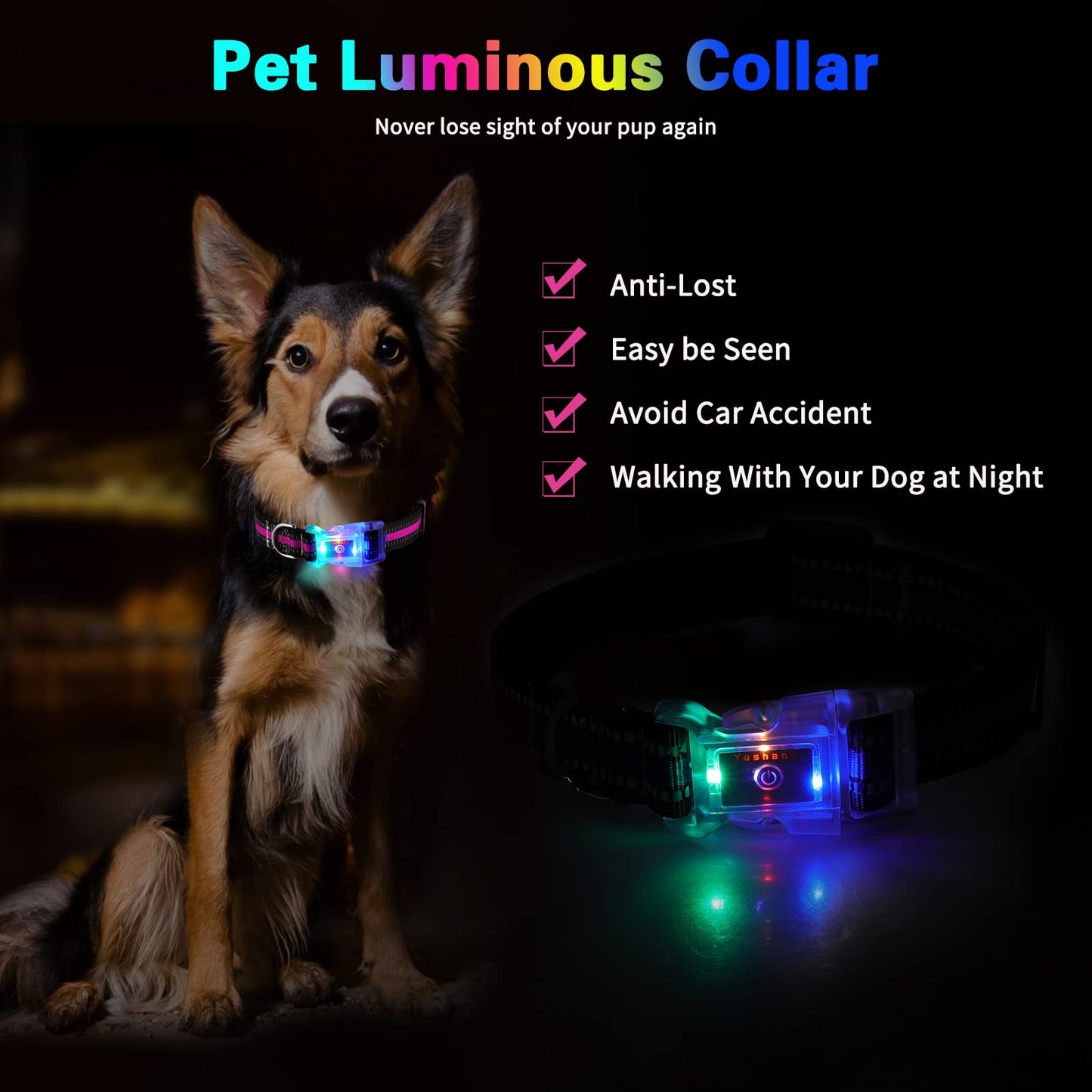 YUSHANG Buckle Glow Dog Collar Light,Adjustable Flashing LED Dog Collar Rechargeable Waterproof,Light Up Dog Collars Lights for Medium,Large Dogs- ML(Neck:14.17-24.8")
