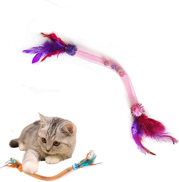 Interactive Cat Toys for Indoor Cats with Catnip – 1 Pack Feather Elastic Mesh Catnip Chew Toys with Bells and Pom-Poms, 19.5 Inch Durable Kitten Teething Toy Bundle