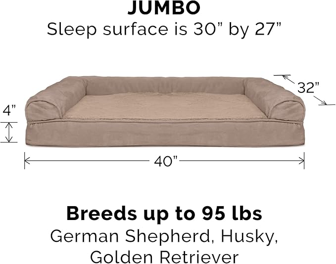 Furhaven Orthopedic Dog Bed for Large Dogs w/ Removable Bolsters & Washable Cover, For Dogs Up to 95 lbs - Plush & Suede Sofa - Almondine, Jumbo/XL