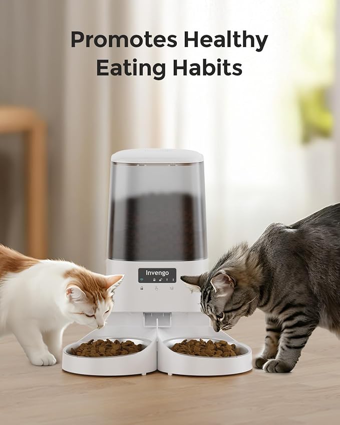 Automatic Cat Feeder - Cat Food Dispenser for 2 Cats MeowServe S20D, Auto Dog Feeder with Stainless Steel Bowls, 5L Pet Feeder with Patented Anti-Jam Port, App, 2.4G/5G WiFi (White)