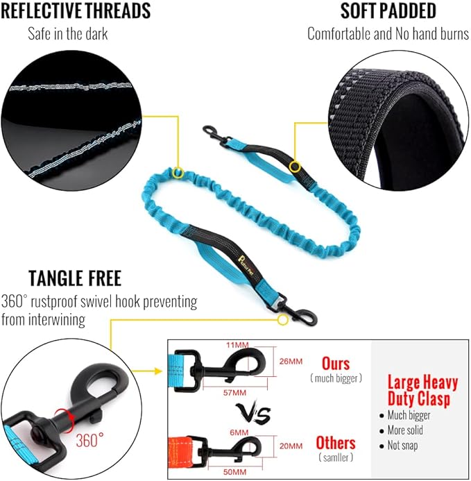 Plutus Pet Hands Free Dog Leash - Soft Padded Dual Handle Retractable Bungee With Reflective Stitches, Adjustable Waist for Walking Running Jogging, Medium Large Dogs