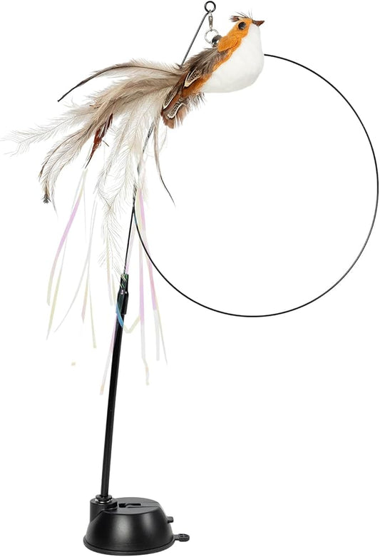 Cat Wand Toys, Adjustable Toys with Silvervine Sticks, Interactive Cat Feather Wand Toy for Indoor Cats, Elastic String Pole Toy with Bell & Feather (Wire Bird)